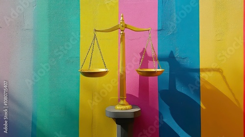 A scale is depicted on a colorful wall, with the scales being yellow and blue. The scale is placed on a pedestal, and the wall is decorated with a rainbow of colors. Concept of balance and harmony photo