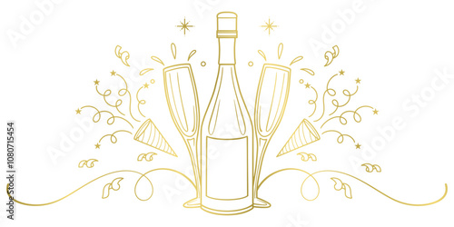 champagne and glass gold line art style. vector elements for new year celebration, wedding, valentine, christmas and birthday