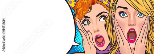 Woman whispering gossip or secret to her friend surprise In Retro Vintage Pop Art Comic