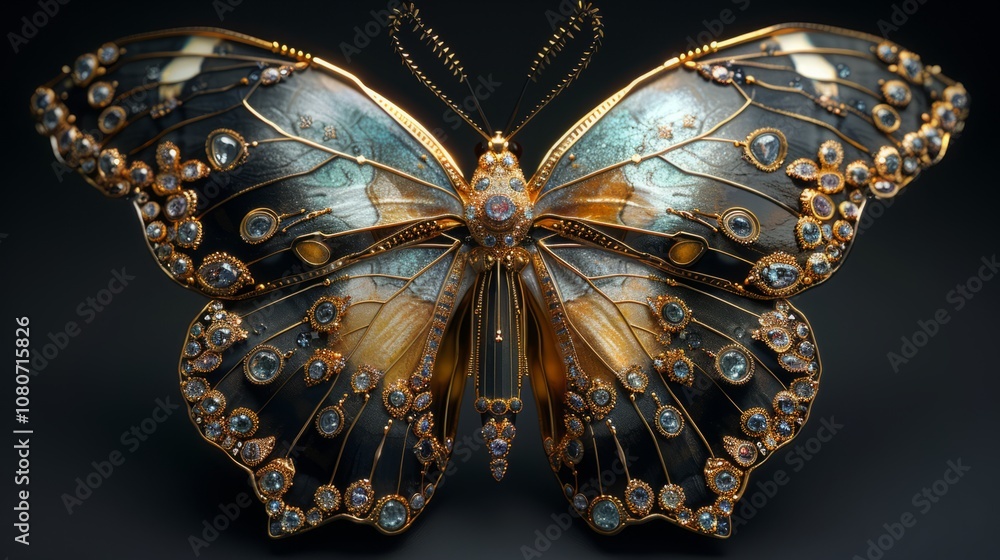Fototapeta premium A beautifully crafted butterfly sculpture adorned with jewels and detailed patterns, against a striking dark background highlighting its artistry