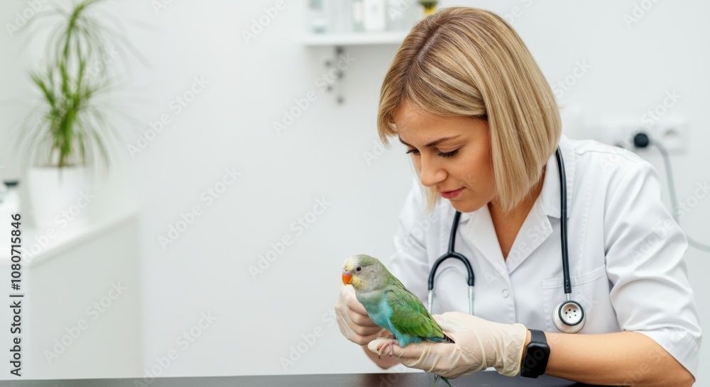 Veterinarian examining green parrot indoors with stethoscope and gloves Veterinarian examining green parrot indoors with stethoscope and gloves