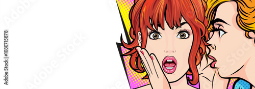 Woman whispering gossip or secret to her friend surprise In Retro Vintage Pop Art Comic