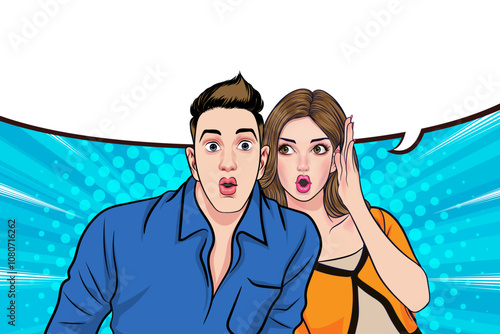 people whispering gossip or business secret to friend surprised In Retro Vintage Pop Art Comic Style