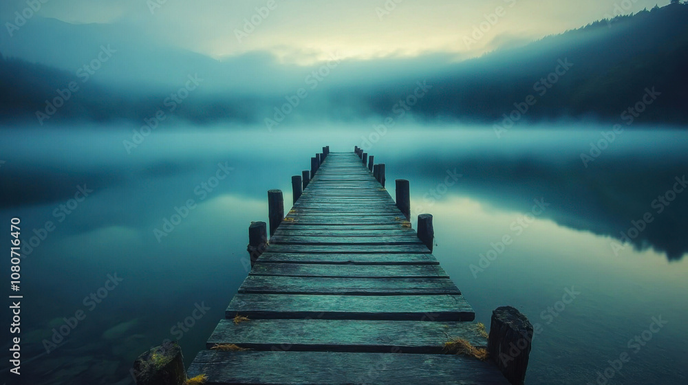 Obraz premium A misty dawn at the wooden pier stretching into the calm waters of a serene lake surrounded by distant mountains