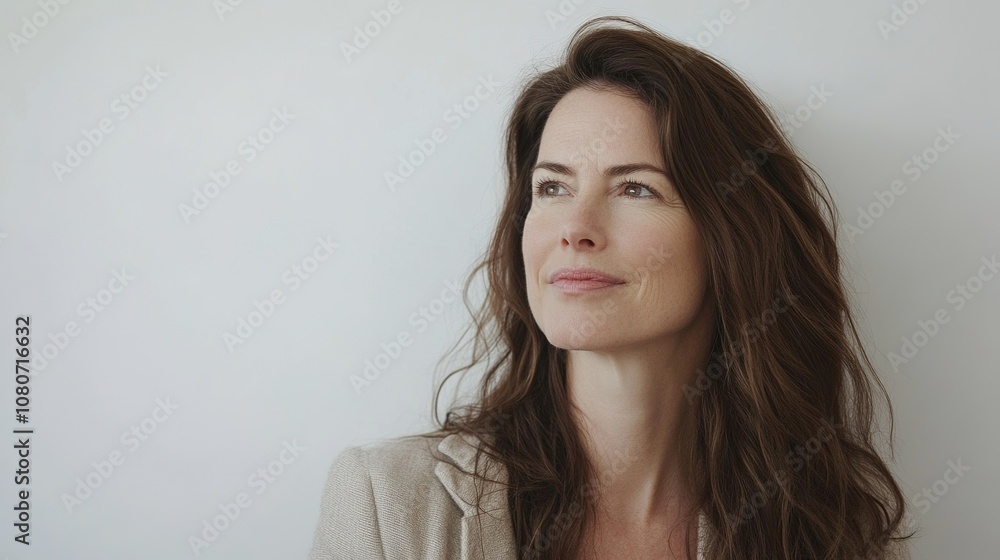 Thoughtful woman with long, wavy hair gazing upward, reflecting on life experiences, standing against a neutral background in a professional outfit, exuding confidence and serenity Thoughtful woman with long, wavy hair gazing upward, reflecting on life experiences, standing against a neutral background in a professional outfit, exuding confidence and serenity