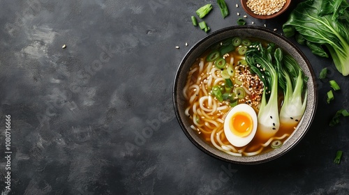 Asian Wok noodles udon or Ramen noodles miso soup in bowl on grey stone background photo