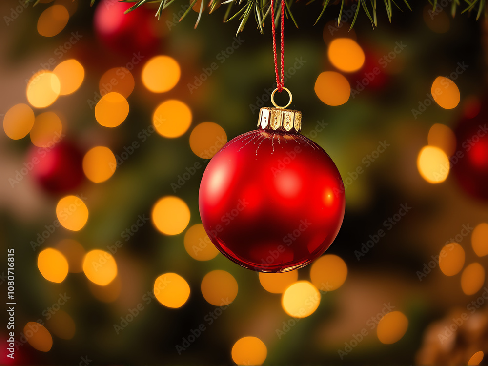 Fototapeta premium Red Christmas ornament hanging from a tree branch with sparkling golden lights in the background during the holiday season