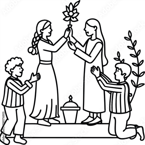 Family Celebrating at Altar silhouette vector illustration on White Background.