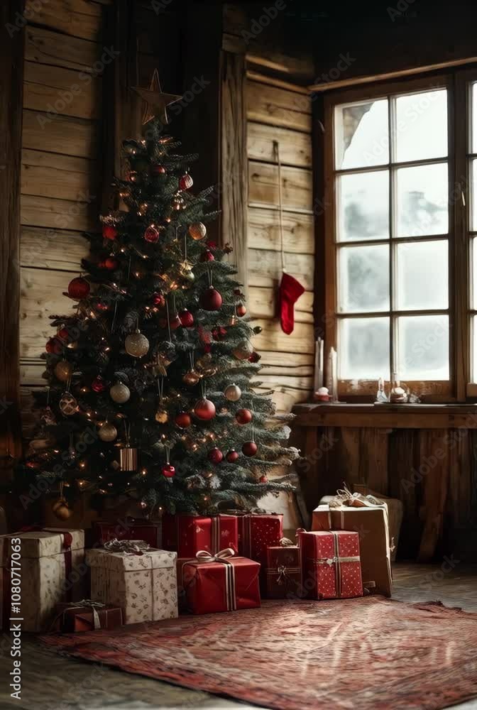Decorated Christmas tree with presents in rustic wooden cabin interior. Cozy vintage aesthetics. Christmas and New Year celebration concept. Winter holiday Decorated Christmas tree with presents in rustic wooden cabin interior. Cozy vintage aesthetics. Christmas and New Year celebration concept. Winter holiday