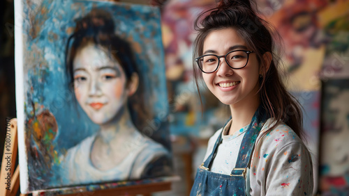 Asian female painter or artist, copy space, smiling