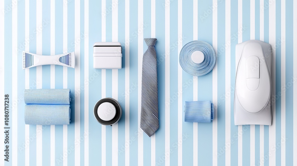 Iron and folded tie arranged on a striped backdrop, creating a stylish and organized look for clothing care essentials, soft and simple colors Iron and folded tie arranged on a striped backdrop, creating a stylish and organized look for clothing care essentials, soft and simple colors