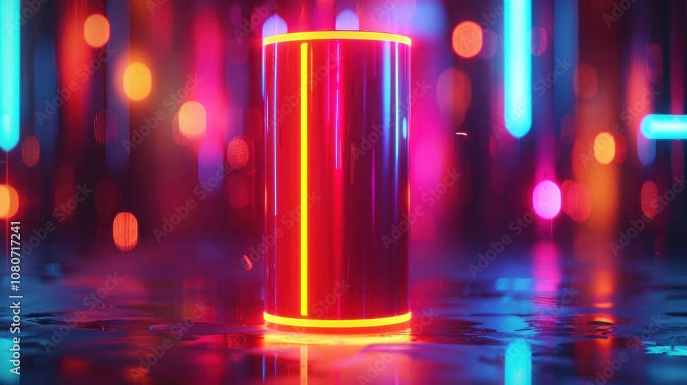 A glowing cylinder with neon lights in the background. A glowing cylinder with neon lights in the background.