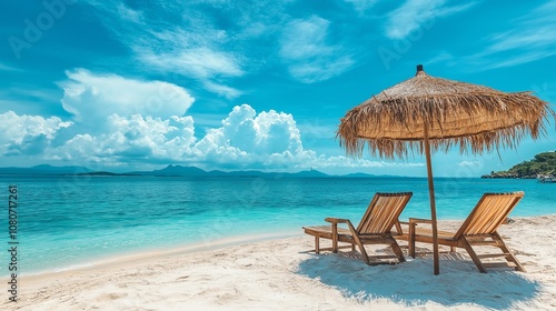 Beautiful panoramic sea sand sky. Tropical relax beach sunny summer island landscape