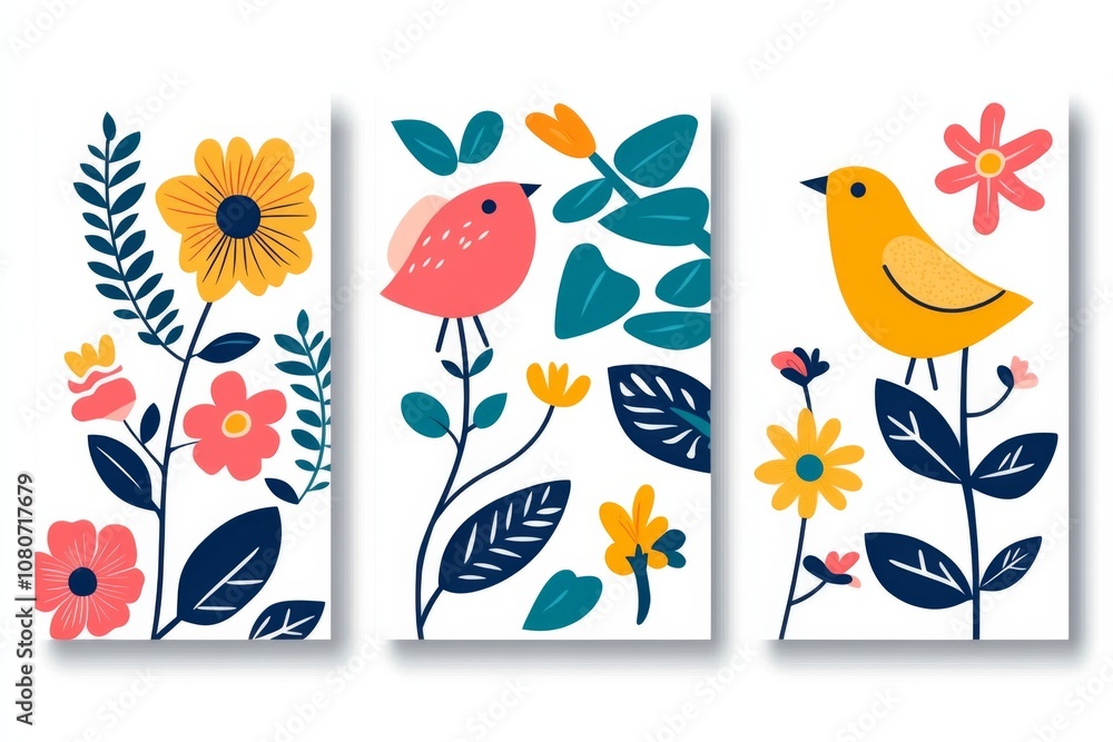 Obraz premium A delightful design showcases colorful birds nestled among charming flowers and lush greenery perfect for an inviting and festive occasion. This artistic layout adds joy to any celebration.