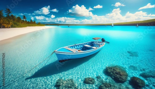 tranquil blue boat anchored in crystal-clear waters near a sandy beach under a bright sky with fluffy clouds in a tropical paradise