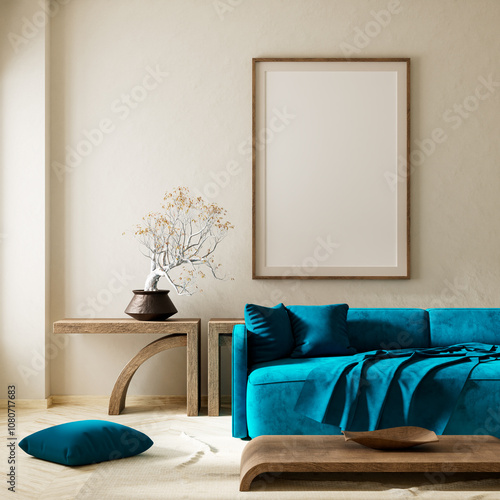 Japanese style interior design with wooden furnitures and raw materials. Mocuk up poster frame in  Japandi style interior. 3D illustration photo