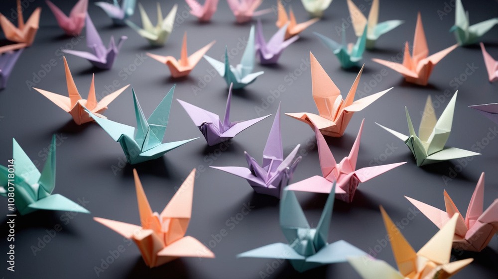 Obraz premium A 3D render of delicate origami cranes, each glowing softly in pastel colors. The cranes should be floating in a dark, minimalistic space, creating a serene and peaceful composition.