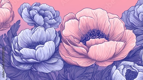 Fototapeta Naklejka Na Ścianę i Meble -  Vintage purple peony pattern illustration poster background