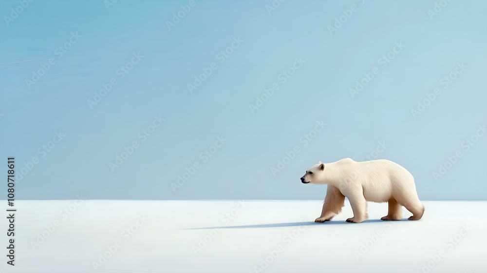 Fototapeta premium A solitary polar bear walking across a vast expanse of snow under a clear blue sky.