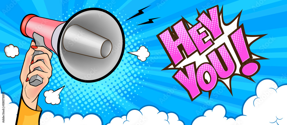 Fototapeta premium Hand holds megaphone bullhorn in retro pop art comic style Loudspeaker Business banner