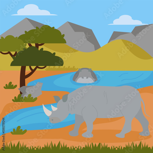 A rhino drinks water from a river in a grassy, rocky area, surrounded by distant hills and a bright sky.