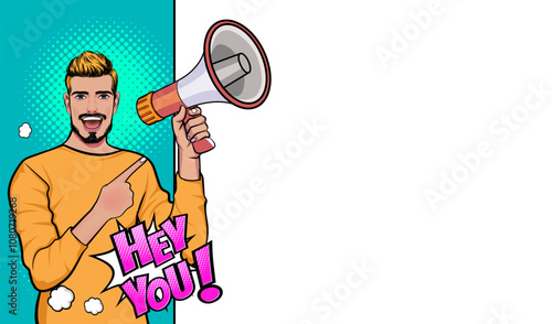 Business man with loudspeaker megaphone announcing discount or sale Special offer shopping time