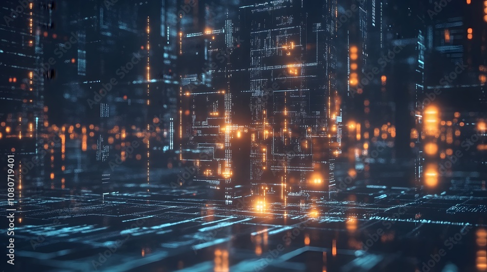 Naklejka premium A conceptual landscape of crumbling digital structures with glowing data streams, representing the fragile state of global economics in a futuristic dystopia. No text, no logo, wide angle shot, 4k