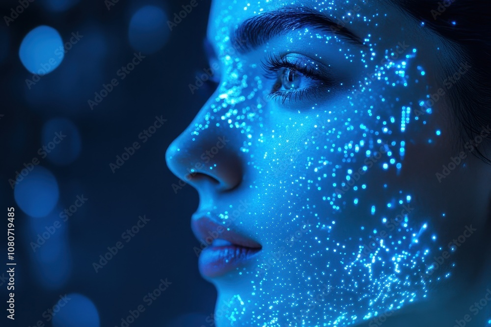 Close-up profile of woman's face illuminated by blue digital light patterns Close-up profile of woman's face illuminated by blue digital light patterns