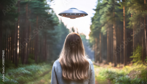 Junge Frau sieht UFO photo