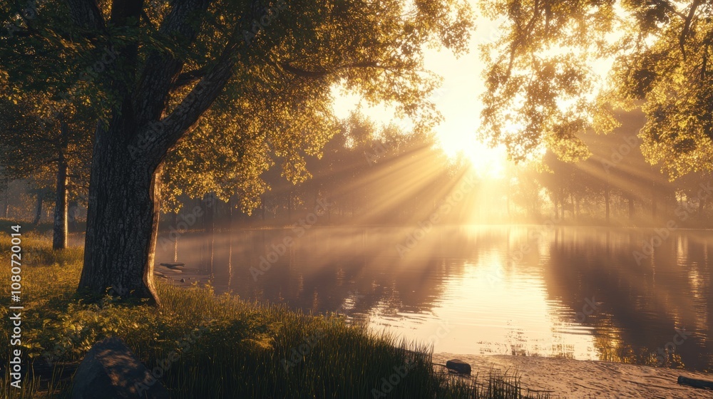 Tranquil lake landscape at sunset with golden sunlight streaming through trees Tranquil lake landscape at sunset with golden sunlight streaming through trees