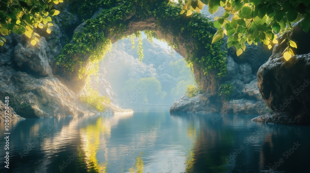 A tranquil cave scene with lush greenery and calm water reflecting the surrounding nature. A tranquil cave scene with lush greenery and calm water reflecting the surrounding nature.