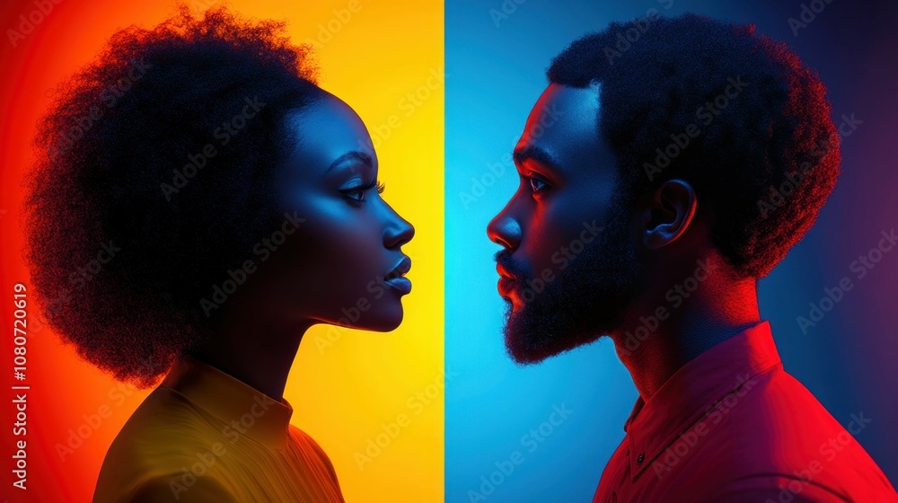 Profile Portrait of Man and Woman in Contrasting Neon Lighting Profile Portrait of Man and Woman in Contrasting Neon Lighting