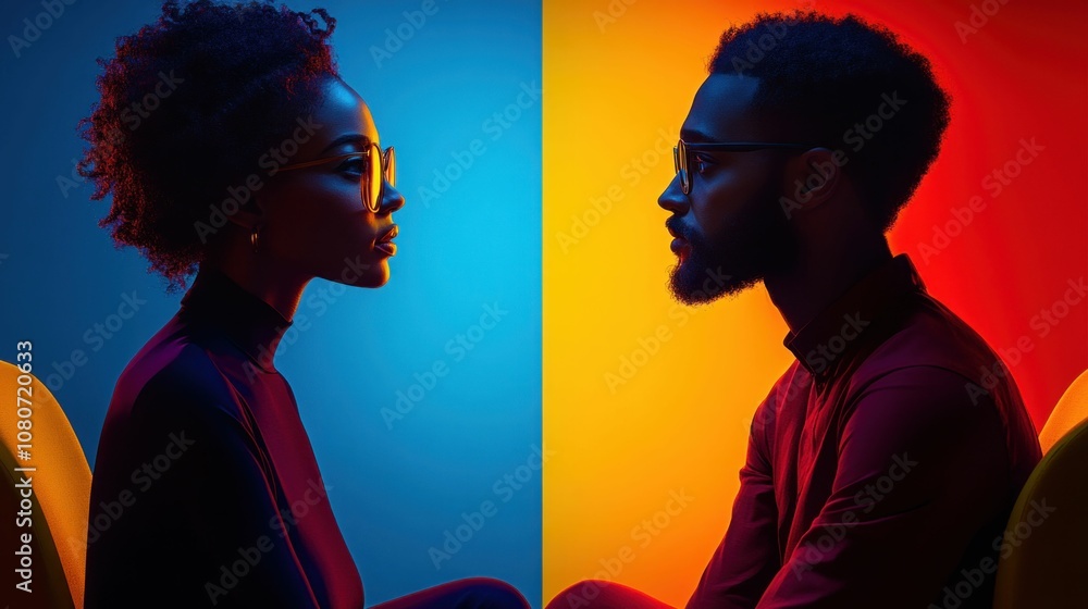 Profile Portrait of Man and Woman in Contrasting Neon Lighting Profile Portrait of Man and Woman in Contrasting Neon Lighting