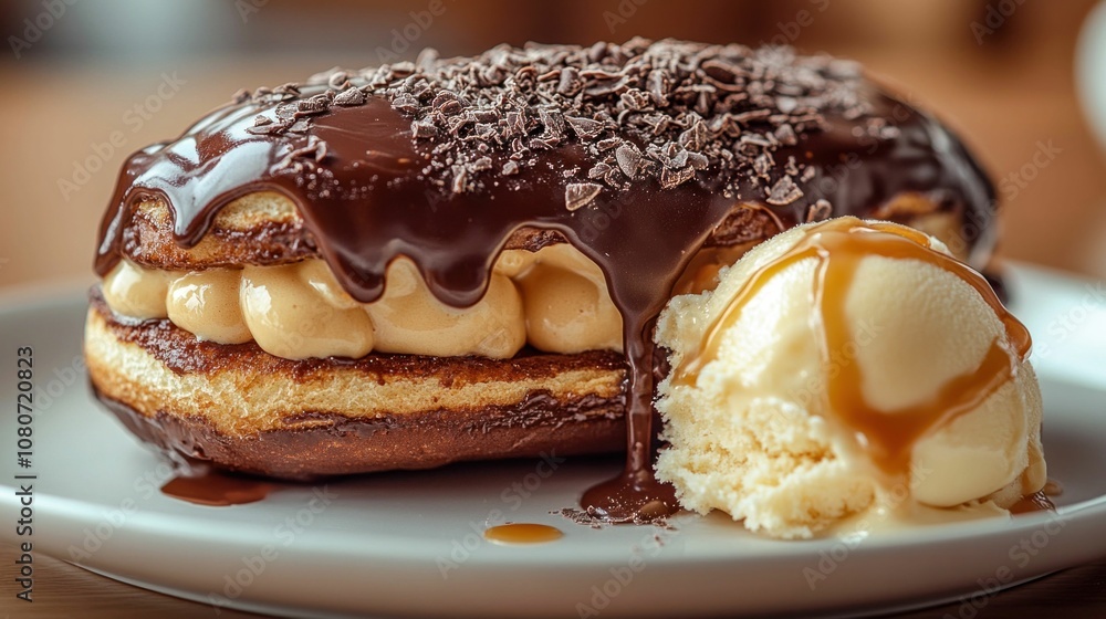 Gourmet Eclair with Vanilla Ice Cream and Chocolate Topping Gourmet Eclair with Vanilla Ice Cream and Chocolate Topping