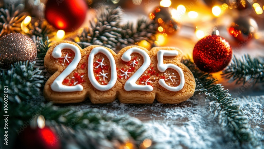 Festive New Year 2025 Cookie Decoration with Christmas Ornaments Festive New Year 2025 Cookie Decoration with Christmas Ornaments