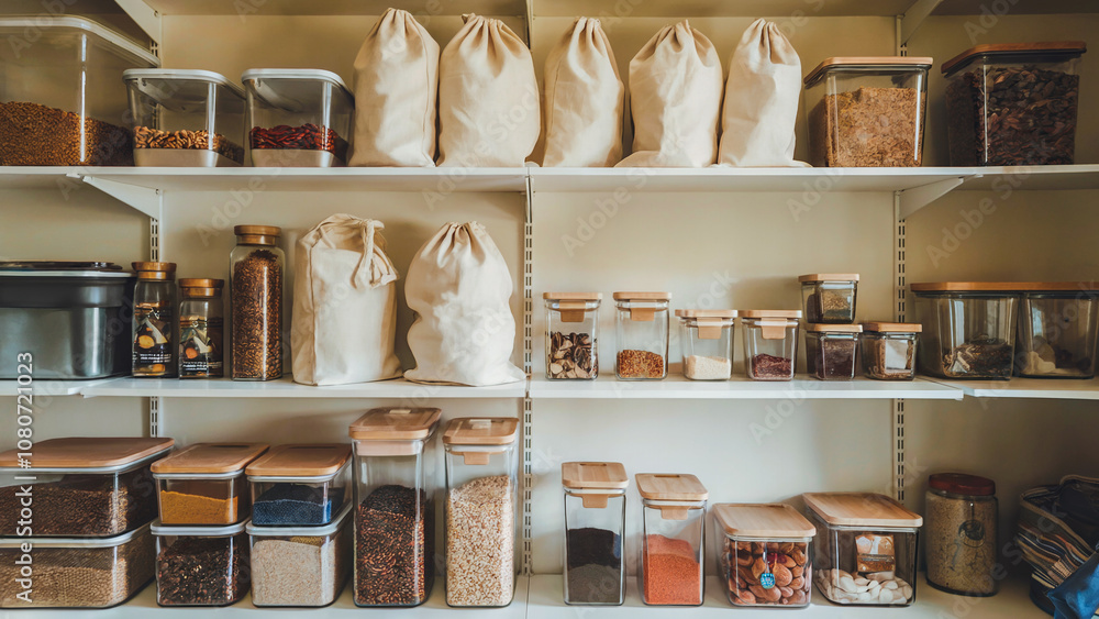 custom made wallpaper toronto digitalAn eco-conscious pantry featuring glass jars, cloth bags, and reusable containers organized on open shelves for sustainable storage.