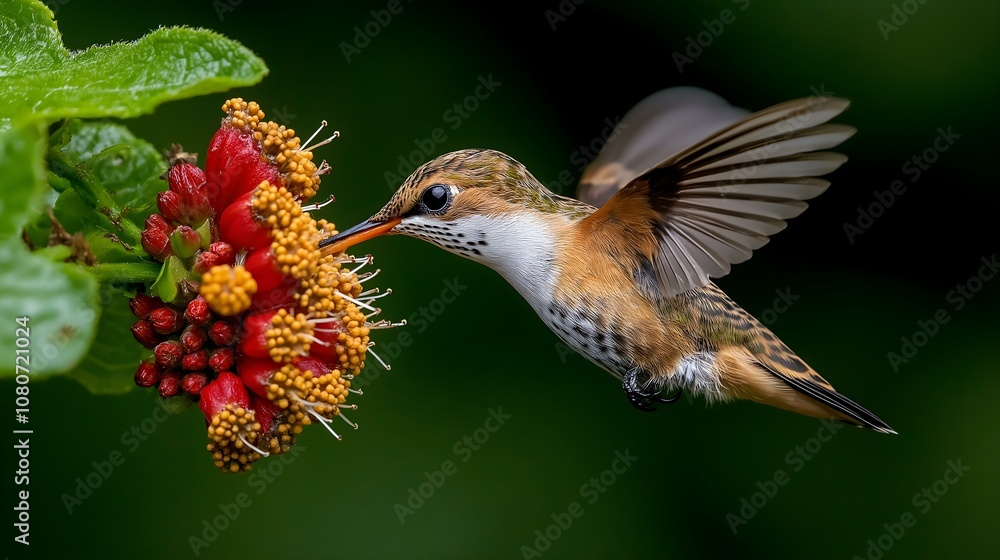 Obraz premium A vibrant hummingbird hovering near colorful flowers, showcasing its iridescent feathers in a lush green setting.