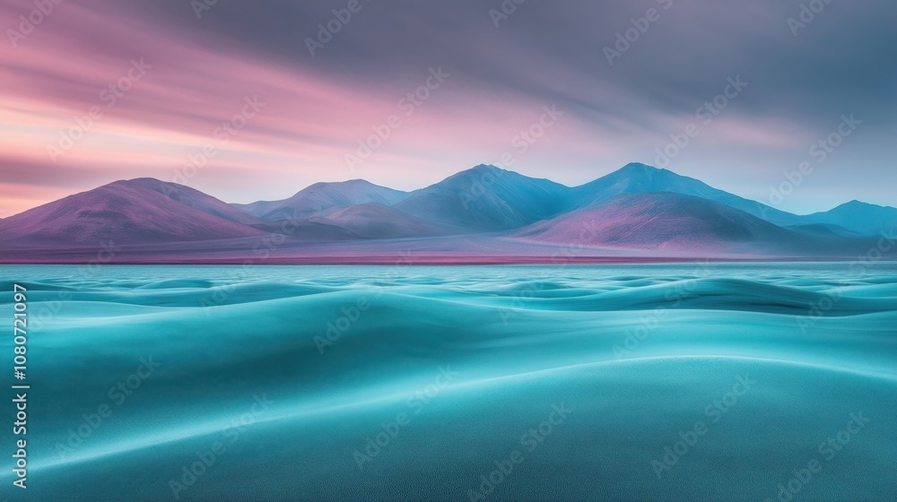 A tranquil view of mountains with soft waves of sand and a colorful sky at dusk. A tranquil view of mountains with soft waves of sand and a colorful sky at dusk.