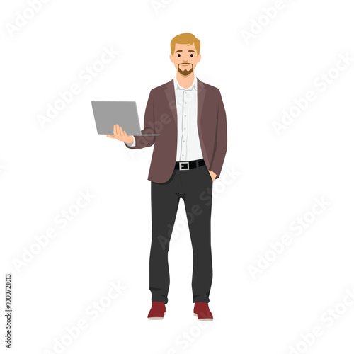 Young teacher standing holding laptop. Flat vector illustration isolated on white background