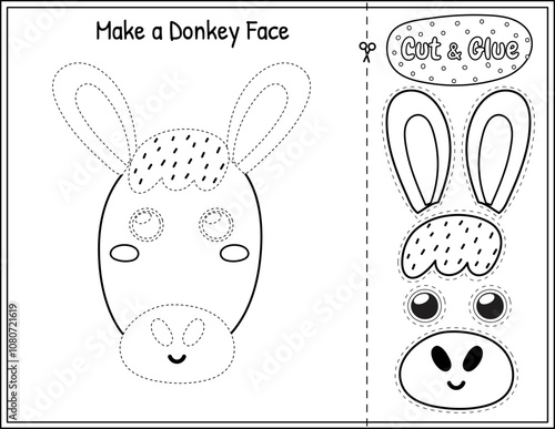 Make a donkey face funny black and white game for kids. Cut and glue educational activity page in outline. Matching game with farm character. Vector illustration