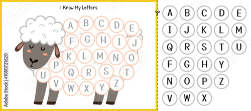 I know my letters matching game with a cute sheep for kids. Learning alphabet cut and paste activity page for toddlers. Vector illustration