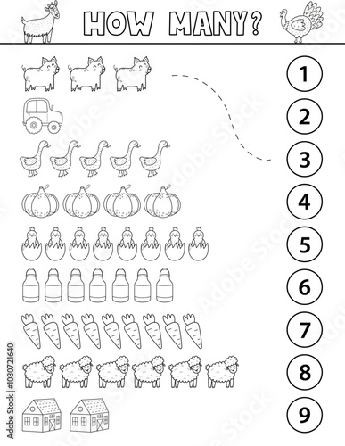 Count and match black and white activity page for kids with cute farm objects and animals. How many puzzle game template in outline. Vector illustration