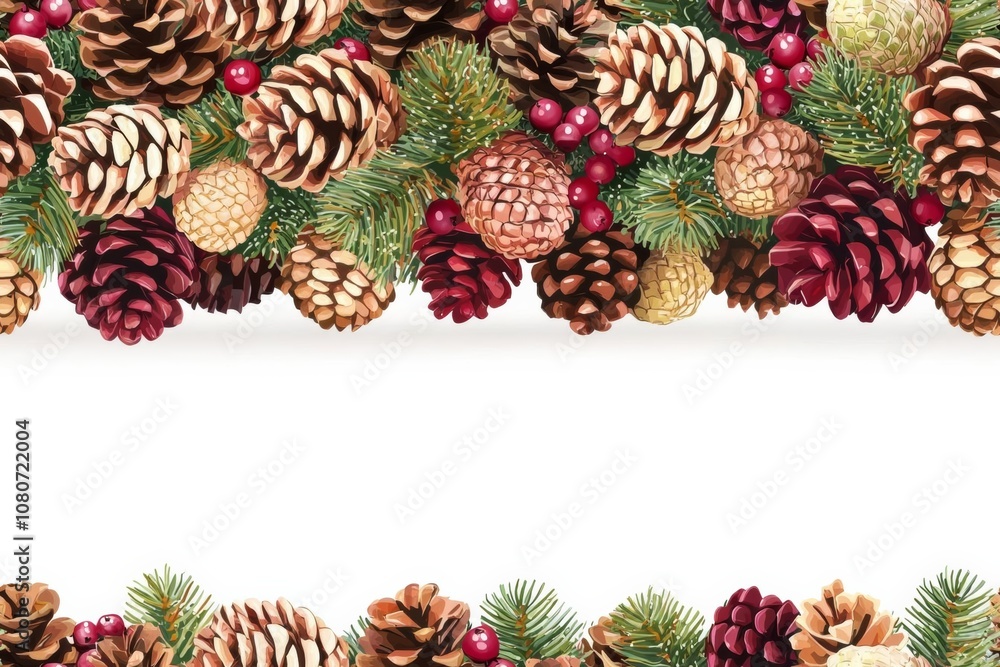 Fototapeta premium seamless of A Christmas tree with pine cones and berries , isolated on white background, , copy space, copy space for text,