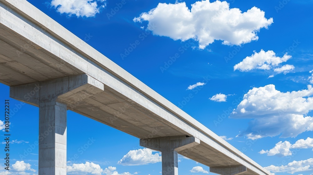 Unfinished concrete bridge pylons against a blue sky, depicting early stages of a transportation project Unfinished concrete bridge pylons against a blue sky, depicting early stages of a transportation project