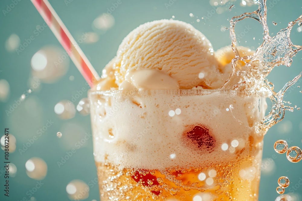 Ice cream float overflowing with bubbles and soda splashing out of a glass with a straw Ice cream float overflowing with bubbles and soda splashing out of a glass with a straw