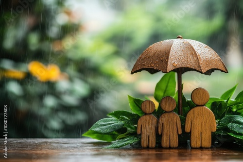 Wallpaper Mural Wooden Figurines Under Umbrella Amidst Raindrops Highlighting Protection, Safety, and Unity in Nature's Wet Environment with Green Leaves and Soft Bokeh Background Torontodigital.ca