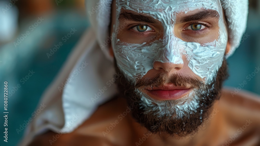 A young man is applying a soothing facial mask, embracing tranquility and self-care beside a serene pool, enjoying a refreshing moment A young man is applying a soothing facial mask, embracing tranquility and self-care beside a serene pool, enjoying a refreshing moment