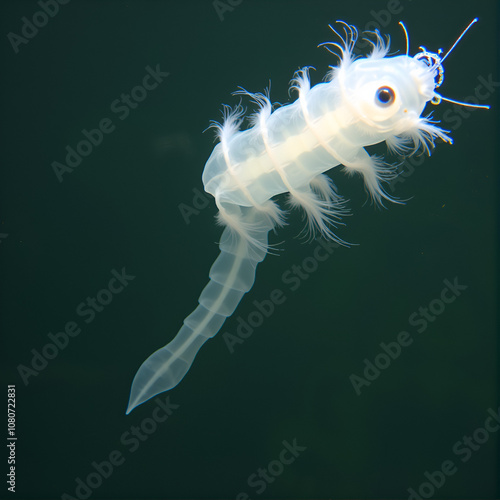 A translucent, segmented, worm-like creature with feathery appendages floats in the water. photo