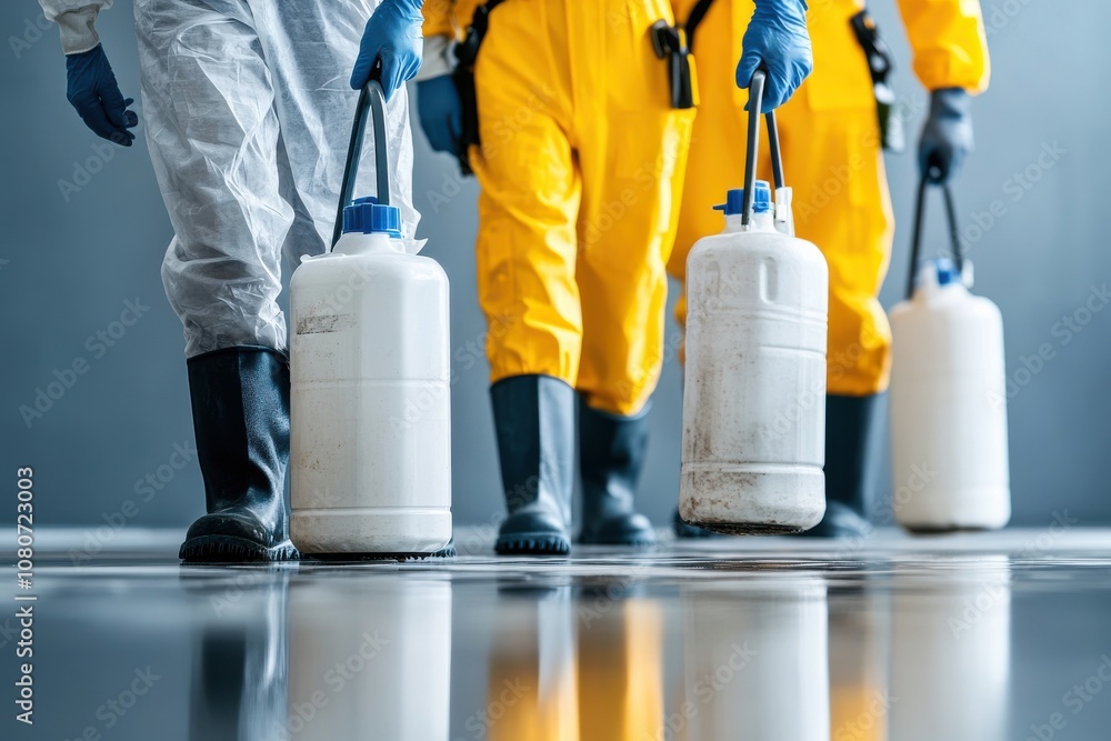 Fototapeta premium Workers in Protective Gear Carrying Chemical Containers in a Professional Setting for Hazardous Material Management and Safety Procedures