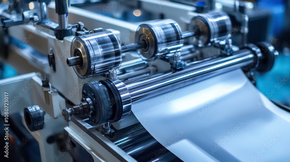 A modern printing press has details such as ink rollers and transfer rollers A modern printing press has details such as ink rollers and transfer rollers